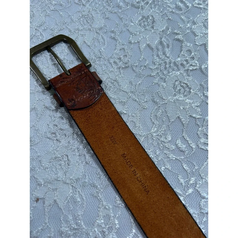 VTG Brown Embossed Leather Belt Nautical Costal Preppy Gorpcore Outdoors 32W
